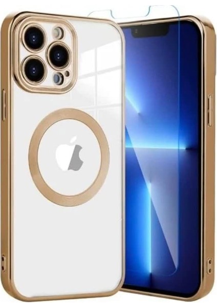 Aks iPhone 13 Pro Max Uyumlu Lens Korumalı Lazer Kılıf Gold