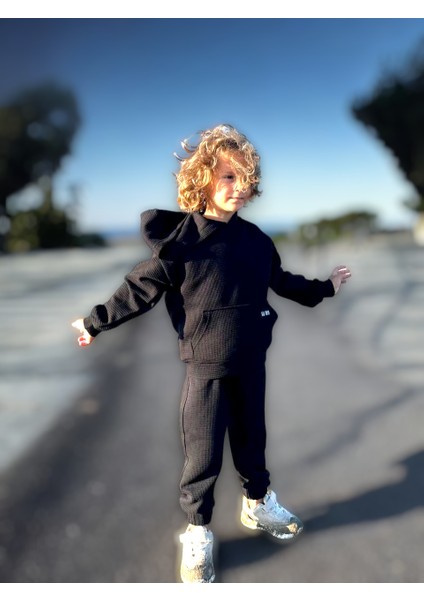 Lolli Boom Kids Yeni Sezon Petek /waffle Kumaş Oversize Kapüşonlu Alt Üst Eşofman Takımı