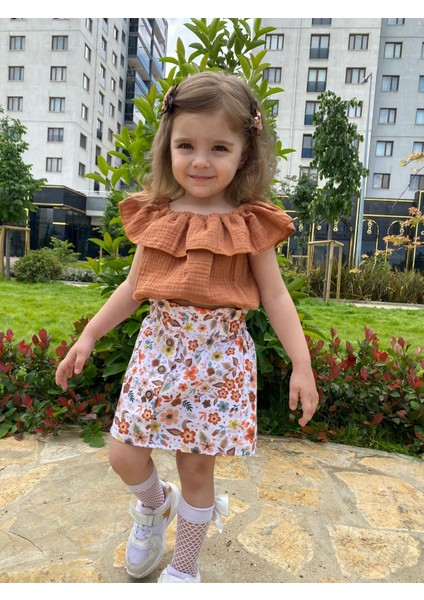 Kız Çocuk Çiçek Desen Düğmeli Etek modelleri