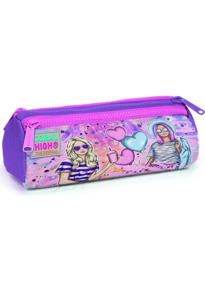 Coral High Kids Pembe Mor Fashion Girl Desenli Üç Bölmeli Kalem Çantası 22055