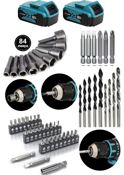 84 Parça 58VF 5AH Çelik Şanzıman Bakır Sargılı Çift Akülü Vidalama Şarjlı Matkap Powerblack