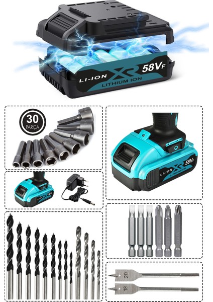 84 Parça 58VF 5AH Çelik Şanzıman Bakır Sargılı Çift Akülü Vidalama Şarjlı Matkap Powerblack