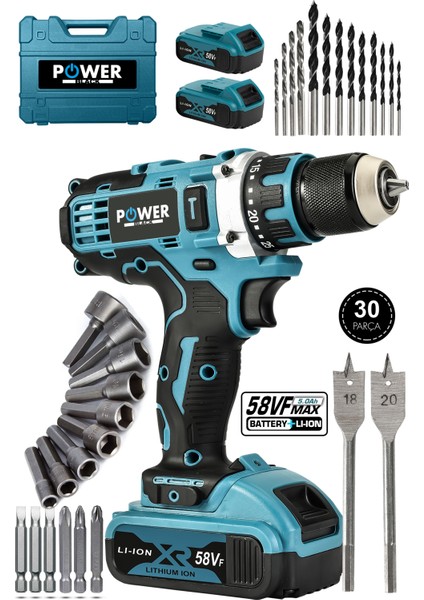 84 Parça 58VF 5AH Çelik Şanzıman Bakır Sargılı Çift Akülü Vidalama Şarjlı Matkap Powerblack