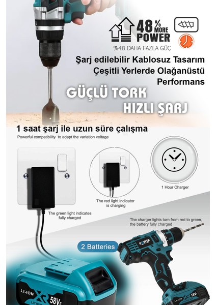 84 Parça 58VF 5AH Çelik Şanzıman Bakır Sargılı Çift Akülü Vidalama Şarjlı Matkap Powerblack