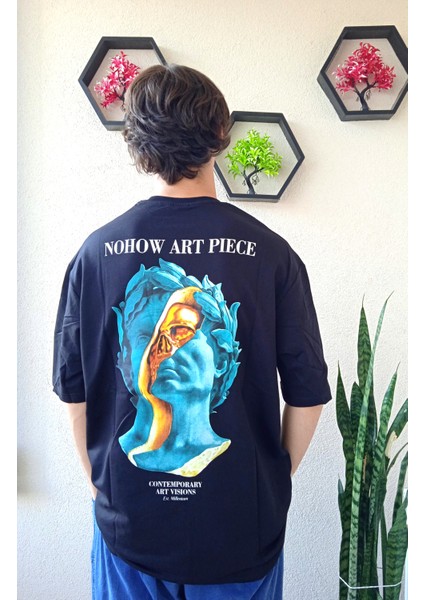 Erkek Art Piece Baskılı Oversize Siyah Tshirt