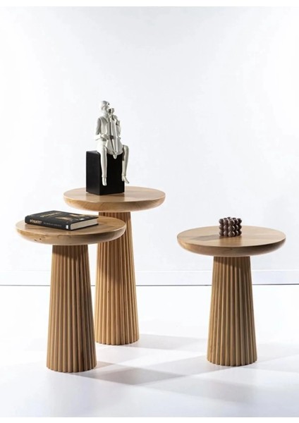 Wood Wooden 3’Lü Set Fitilli Mantar Yan Sehpa Modern Ahşap Renk Fiskos