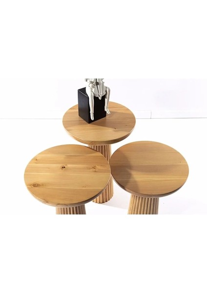 Wood Wooden 3’Lü Set Fitilli Mantar Yan Sehpa Modern Ahşap Renk Fiskos fiyatları
