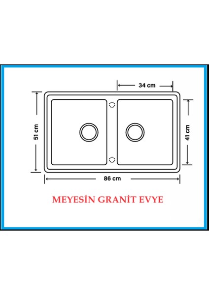 Granit Evye Gri Çift Gözlü Mutfak Evyesi 86 x 50 Cm