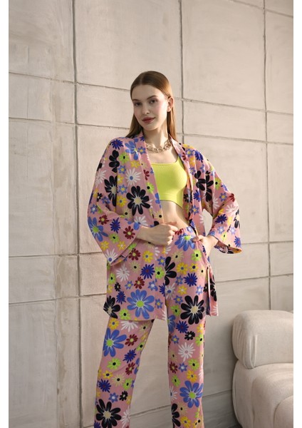 Kadın Çiçek Desenli Kimono Takımı