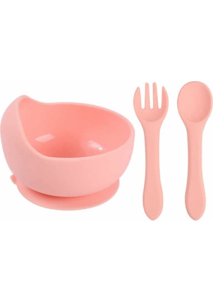 Çocuk Silikon Mama Önlüğü, Silikon Vakumlu Kase, Silikon Kaşık ve Çatal / Pembe fiyatları