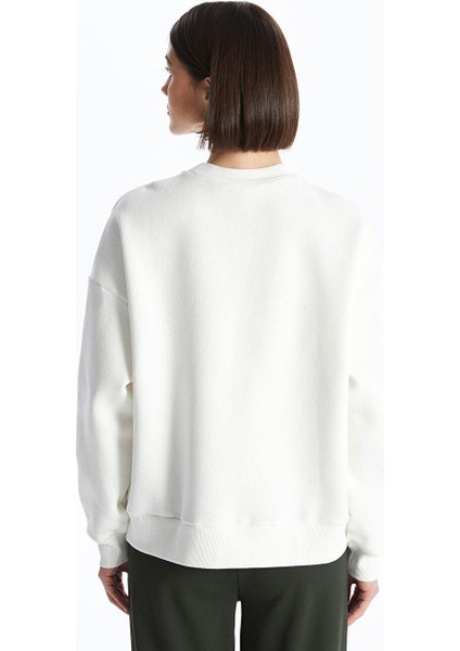 Ekru Bisiklet Yaka Nakışlı Uzun Kollu Oversize Kadın Sweatshirt