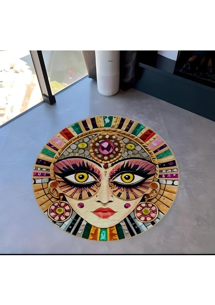 Shape Koleksiyonu Yuvarlak Çok Renkli Kirpik Detaylı Kadın Yüzü Desenli Dokuma Taban Halı SHAPE71