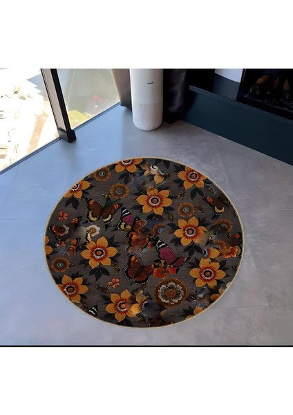 Shape Koleksiyonu Yuvarlak Çok Renkli Sarı Çiçekli Kelebek Desenli Dokuma Taban Halı SHAPE88