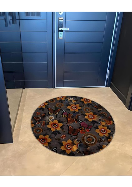 Shape Koleksiyonu Yuvarlak Çok Renkli Sarı Çiçekli Kelebek Desenli Dokuma Taban Halı SHAPE88 fırsatları