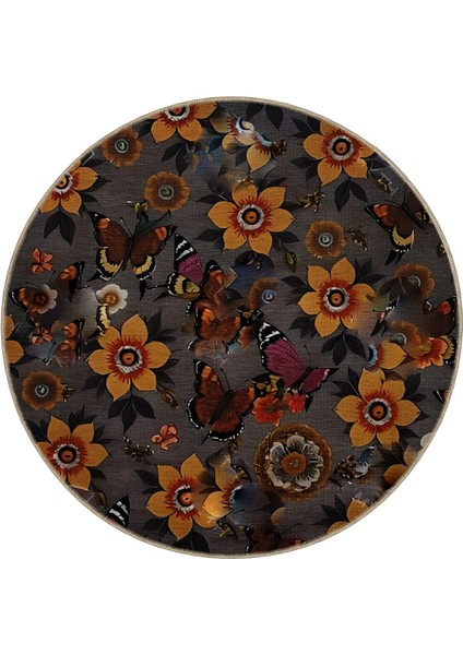 Shape Koleksiyonu Yuvarlak Çok Renkli Sarı Çiçekli Kelebek Desenli Dokuma Taban Halı SHAPE88 modelleri