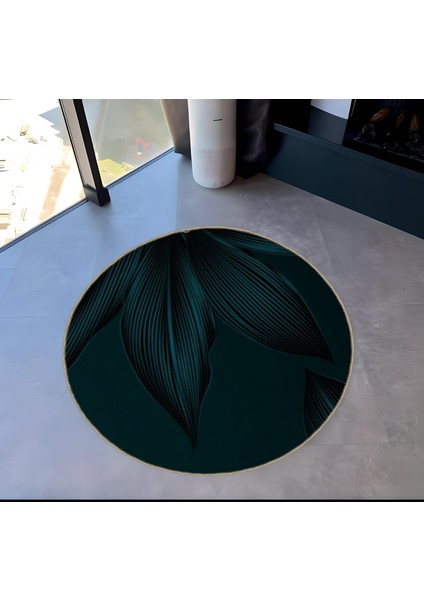 Shape Koleksiyonu Yuvarlak Koyu Yeşil Tonlarda Yaprak Desenli Dokuma Taban Halı SHAPE97