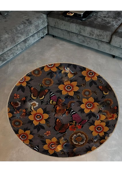 Shape Koleksiyonu Yuvarlak Çok Renkli Sarı Çiçekli Kelebek Desenli Dokuma Taban Halı SHAPE88 fiyatları