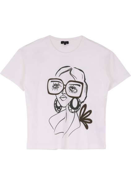 Bisiklet Yaka Baskılı Kırık Beyaz Kadın T-Shirt F4WL-TST0232