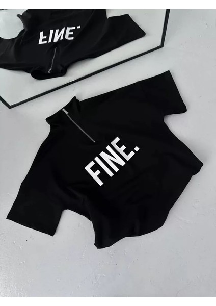 Unisex Baskılı Yarım Fermuarlı T-Shirt - Siyah fiyatları