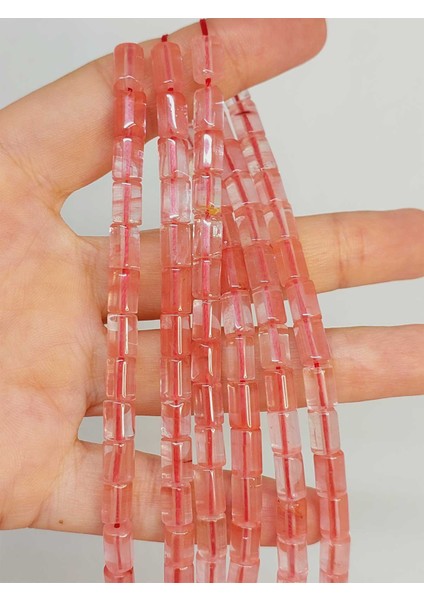 Çeyrek Dizi (9cm Uzunluğundadır!) Gül Kuvars Taşı Silindir Kesim 5.5x7.5mm Çeyrek Dizi (49312)