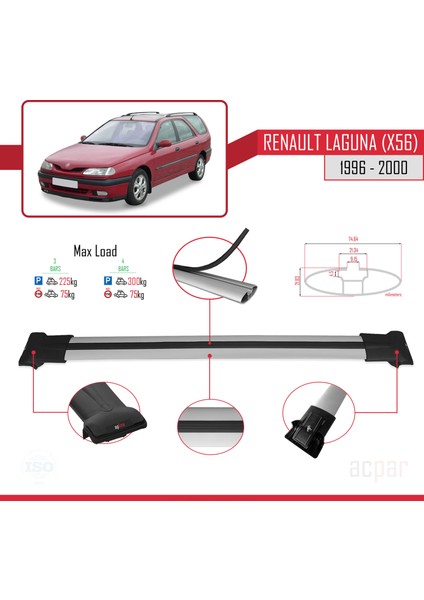 Renault Laguna (X56) Sw 1996-2000 Arası ile Uyumlu Fly Model Ara Atkı Tavan Barı Gri 3 Adet modelleri
