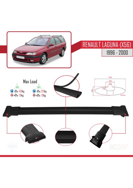 Renault Laguna (X56) Sw 1996-2000 Arası ile Uyumlu Fly Model Ara Atkı Tavan Barı Siyah 2 Adet