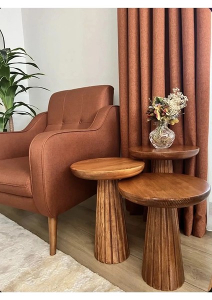 Wooden 3’lü Set Fitilli Mantar Yan Sehpa Modern Açık Ceviz Renk Fiskos / Çiçeklik Zigon Sehpa