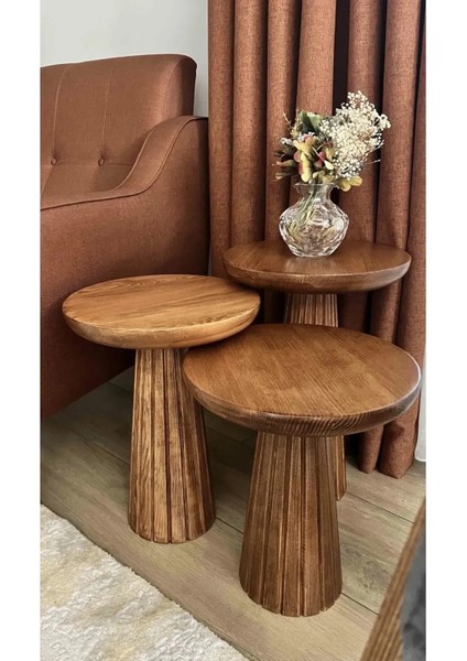 Wooden 3’lü Set Fitilli Mantar Yan Sehpa Modern Açık Ceviz Renk Fiskos / Çiçeklik Zigon Sehpa fiyatları