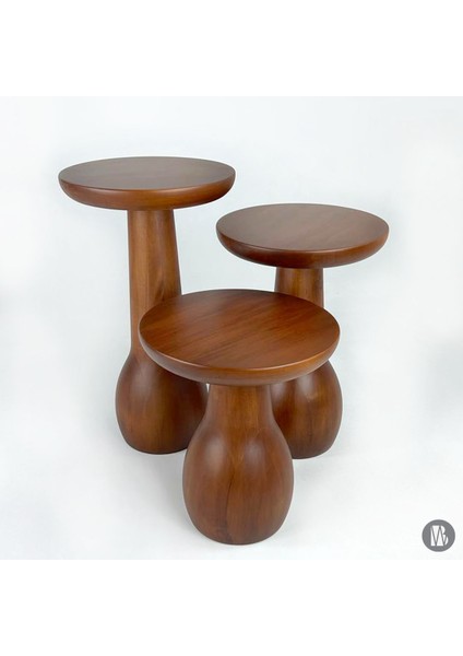 Wood Wooden 3’lü Set Mantar Yan Sehpa Ahşap Modern Ceviz Renk Fiskos Çiçeklik