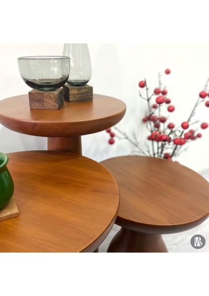 Wood Wooden 3’lü Set Mantar Yan Sehpa Ahşap Modern Ceviz Renk Fiskos Çiçeklik modelleri