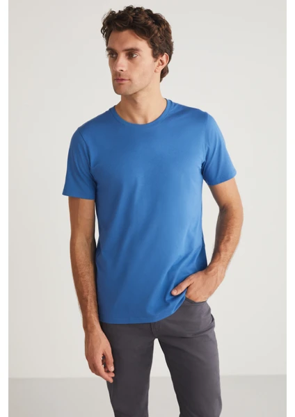 MICHEL Erkek Slim Fit Dar Kesim %100 Organik Pamuklu Basic Örme Mavi T-Shirt