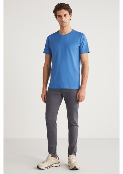 MICHEL Erkek Slim Fit Dar Kesim %100 Organik Pamuklu Basic Örme Mavi T-Shirt