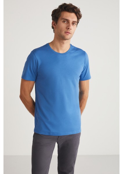 MICHEL Erkek Slim Fit Dar Kesim %100 Organik Pamuklu Basic Örme Mavi T-Shirt