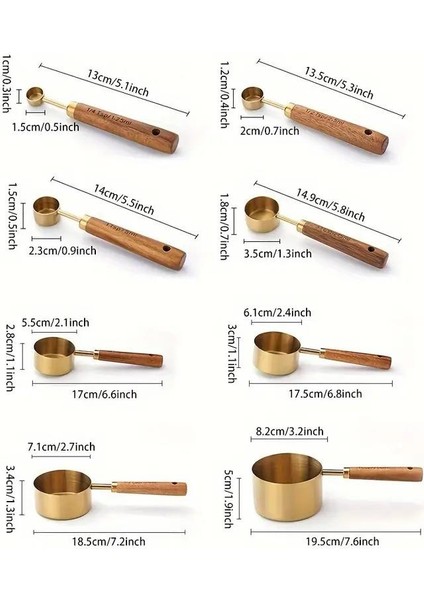 8 Adet Paslanmaz Çelik Ahşap Saplı Ölçü Kaşığı Seti Ölçü Kabı 1.25ML 2.5ml 5ml 15ML 60ML 80ML 125ML 250ML