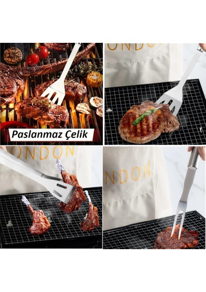 7 Parça Çantalı Mangal Barbekü Maşa Spatula Seti Paslanmaz Çelik 1. Kalite