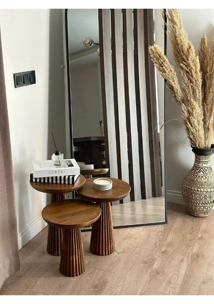 Wood Wooden 3’lü Set Fitilli Derin Çizgili Mantar Yan Sehpa Modern Açık Ceviz Renk Fiskos