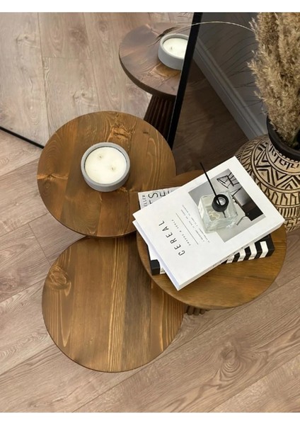 Wood Wooden 3’lü Set Fitilli Derin Çizgili Mantar Yan Sehpa Modern Açık Ceviz Renk Fiskos fiyatları