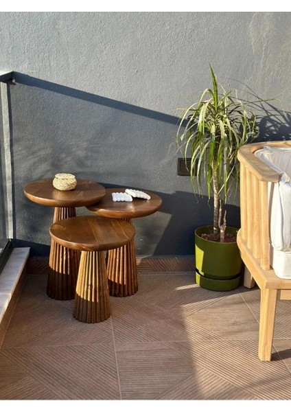 Wood Wooden 3’lü Set Fitilli Derin Çizgili Mantar Yan Sehpa Modern Açık Ceviz Renk Fiskos modelleri