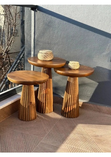 Wood Wooden 3’lü Set Fitilli Derin Çizgili Mantar Yan Sehpa Modern Açık Ceviz Renk Fiskos fırsatları