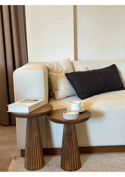 Wood Wooden 2’li Set Fitilli Derin Çizgili Mantar Yan Sehpa Modern Açık Ceviz Renk Fiskos