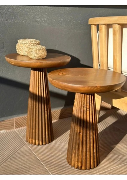Wood Wooden 2’li Set Fitilli Derin Çizgili Mantar Yan Sehpa Modern Açık Ceviz Renk Fiskos fiyatları