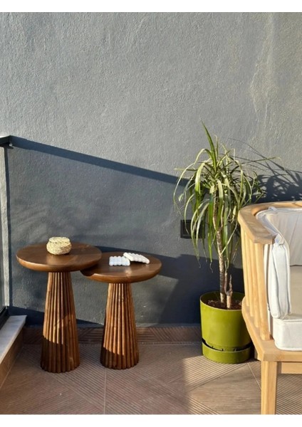Wood Wooden 2’li Set Fitilli Derin Çizgili Mantar Yan Sehpa Modern Açık Ceviz Renk Fiskos modelleri