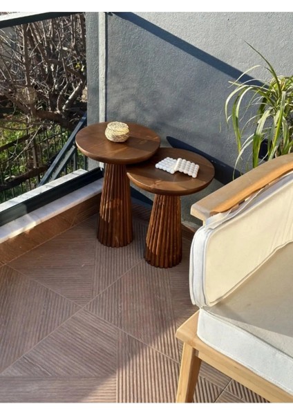 Wood Wooden 2’li Set Fitilli Derin Çizgili Mantar Yan Sehpa Modern Açık Ceviz Renk Fiskos fırsatları