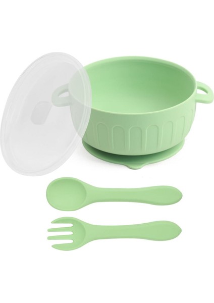 Silikon Beslenme Seti, Kapaklı Vakumlu Mama Tabağı Ve Kase, Silikon Önlük, Bardak Ve Kaşık(YEŞİL) fırsatları
