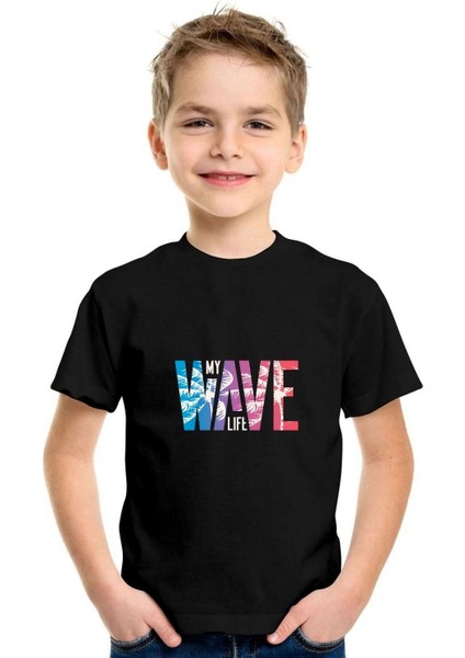 Kaliteli Çocuk T-Shirt Süprem Kumaş Bisiklet Yaka My Wave Life Baskılı