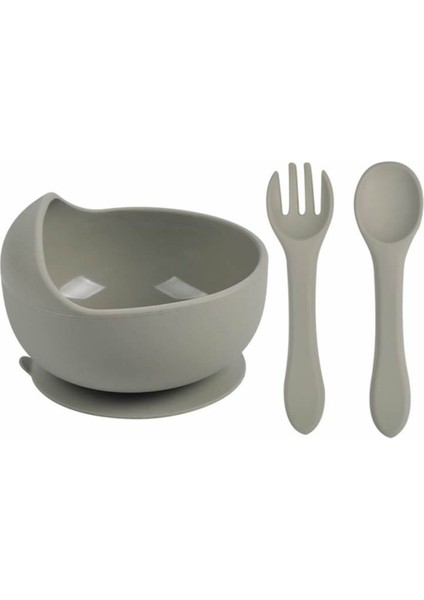 Çocuk Silikon Mama Önlüğü, Silikon Vakumlu Kase, Silikon Kaşık ve Çatal / Gri indirimleri