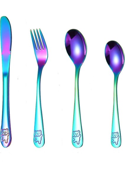 Paslanmaz Çelik Çocuk Çatal Kaşık Bıçak Seti + Saklama Kutusu Ayı Figürlü (5 Parça)