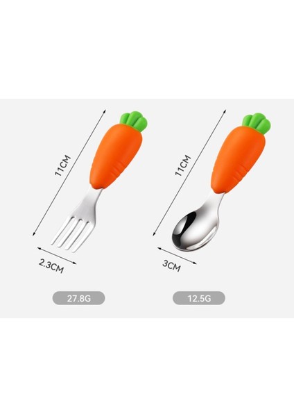Çocuk Silikon Saplı Paslanmaz Çelik Uçlu Çatal ve Kaşığı (Havuç Figürlü)