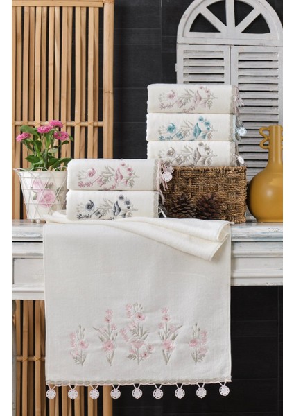 (6'Lı Set) 30 x 50 cm . Çeyizlik Kadife Saray Nakışlı Küpeli Dantelli Lüks El Ve Mutfak Havlu Seti