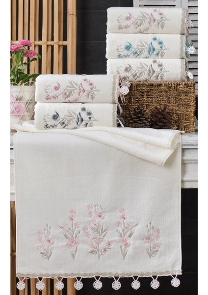 (6'Lı Set) 30 x 50 cm . Çeyizlik Kadife Saray Nakışlı Küpeli Dantelli Lüks El Ve Mutfak Havlu Seti